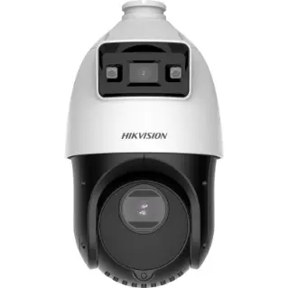 Hikvision DS-2DE2C400MWG-E outdoor hybrid-light camera front view Hikvision smart PT camera with 4MP resolution Night vision and white light camera for outdoor use Hikvision IP66 weatherproof PT network camera Hikvision hybrid-light auto-tracking camera side view Built-in mic and speaker Hikvision PT camera