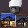 Hikvision DS-2DE2C400MWG-E outdoor hybrid-light camera front view Hikvision smart PT camera with 4MP resolution Night vision and white light camera for outdoor use Hikvision IP66 weatherproof PT network camera Hikvision hybrid-light auto-tracking camera side view Built-in mic and speaker Hikvision PT camera