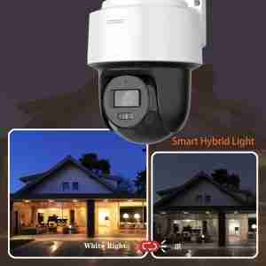 Hikvision DS-2DE2C400MWG-E outdoor hybrid-light camera front view Hikvision smart PT camera with 4MP resolution Night vision and white light camera for outdoor use Hikvision IP66 weatherproof PT network camera Hikvision hybrid-light auto-tracking camera side view Built-in mic and speaker Hikvision PT camera