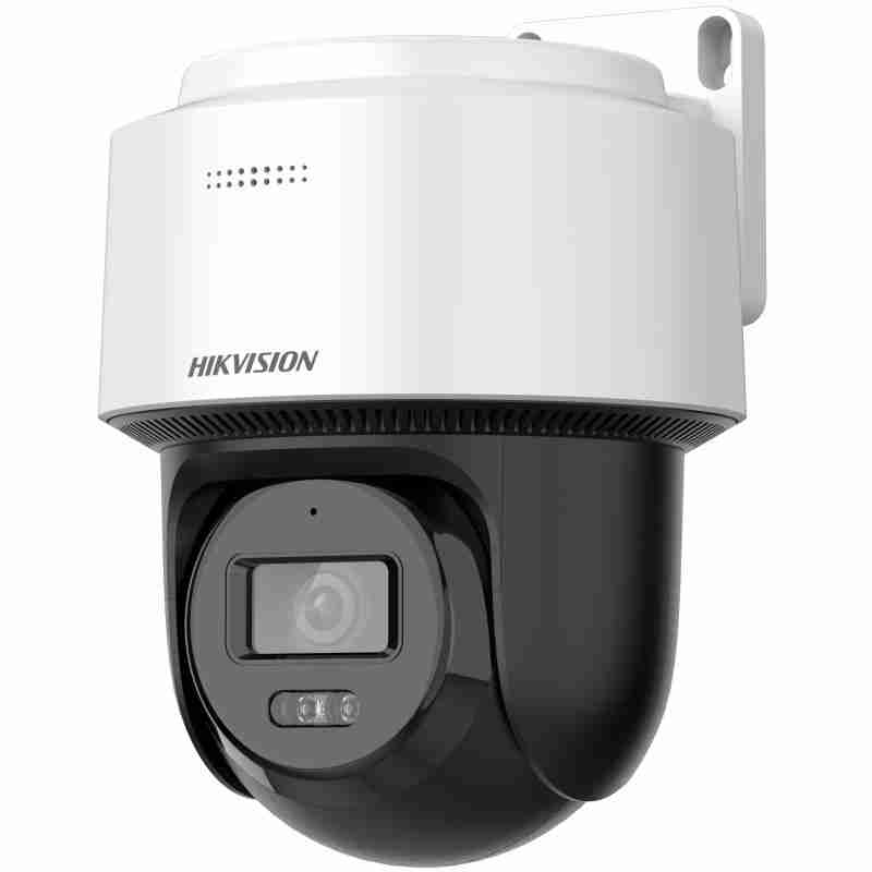 Hikvision DS-2DE2C400MWG-E outdoor hybrid-light camera front view Hikvision smart PT camera with 4MP resolution Night vision and white light camera for outdoor use Hikvision IP66 weatherproof PT network camera Hikvision hybrid-light auto-tracking camera side view Built-in mic and speaker Hikvision PT camera