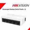 Front view of Hikvision DS-3E0105D-O showing 5 Ethernet ports Compact design of Hikvision DS-3E0105D-O Ethernet switch Surge protection and small form factor of Hikvision network switch Network setup using the Hikvision 5-port Ethernet switch Back view showing the power input and Ethernet ports Compact desk installation of Hikvision DS-3E0105D-O switch