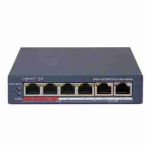 Hikvision DS-3E1106P-EI/M 4-Port PoE Switch Compact Smart PoE Switch with 2 Uplinks Hikvision Desktop PoE Switch for IP Cameras 45W PoE Budget Switch for Small Networks Hikvision VLAN Enabled PoE Switch DS-3E1106P-EI/M Smart Switch with Long Range
