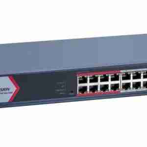 Hikvision DS-3E1318P-EI/M 16-Port PoE Switch 16-Port Fast Ethernet Smart PoE Switch Hikvision Hikvision PoE Network Switch for IP Cameras Rack-Mountable Smart PoE Switch by Hikvision Hikvision Switch with VLAN and PoE Watchdog DS-3E1318P-EI/M Front View with Uplink Ports