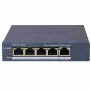 Hikvision DS-3E1505P-EI/M 4-Port Smart PoE Switch front view Top-down angle of Hikvision 4-Port Gigabit PoE switch Rear panel showing ports on DS-3E1505P-EI/M switch Hikvision metal-cased PoE switch with 6 kV surge protection Compact 4-port PoE+ switch for IP surveillance networks DS-3E1505P-EI/M mounted on wall for space-saving installation