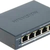 Hikvision DS-3E1505P-EI/M 4-Port Smart PoE Switch front view Top-down angle of Hikvision 4-Port Gigabit PoE switch Rear panel showing ports on DS-3E1505P-EI/M switch Hikvision metal-cased PoE switch with 6 kV surge protection Compact 4-port PoE+ switch for IP surveillance networks DS-3E1505P-EI/M mounted on wall for space-saving installation