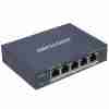 Hikvision DS-3E1505P-EI/M 4-Port Smart PoE Switch front view Top-down angle of Hikvision 4-Port Gigabit PoE switch Rear panel showing ports on DS-3E1505P-EI/M switch Hikvision metal-cased PoE switch with 6 kV surge protection Compact 4-port PoE+ switch for IP surveillance networks DS-3E1505P-EI/M mounted on wall for space-saving installation