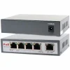 Hikvision DS-3E1505P-EI/M 4-Port Smart PoE Switch front view Top-down angle of Hikvision 4-Port Gigabit PoE switch Rear panel showing ports on DS-3E1505P-EI/M switch Hikvision metal-cased PoE switch with 6 kV surge protection Compact 4-port PoE+ switch for IP surveillance networks DS-3E1505P-EI/M mounted on wall for space-saving installation