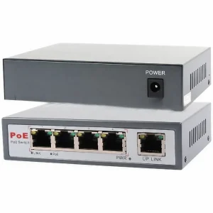 Hikvision DS-3E1505P-EI/M 4-Port Smart PoE Switch front view Top-down angle of Hikvision 4-Port Gigabit PoE switch Rear panel showing ports on DS-3E1505P-EI/M switch Hikvision metal-cased PoE switch with 6 kV surge protection Compact 4-port PoE+ switch for IP surveillance networks DS-3E1505P-EI/M mounted on wall for space-saving installation