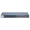 Front view of Hikvision DS-3E1518P-EI with 16 PoE ports and SFP uplink Rear panel showing 6kV surge protection and power supply for the switch VLAN configuration and port isolation setup on Hikvision switch Smart network architecture using Hikvision PoE switch for CCTV deployment Close-up of PoE ports powering IP cameras and access points Rack-mounted Hikvision switch with surge protection and fan cooling system