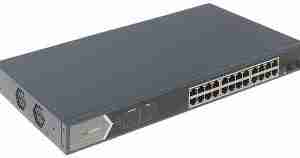 Front view of Hikvision DS-3E1526P-EI with 24 PoE ports and SFP slot Rear panel showing 6kV surge protection and power supply input VLAN configuration interface on Hikvision switch Link aggregation setup on Hikvision DS-3E1526P-EI Remote management dashboard via Hik-Partner Pro Rack-mounted Hikvision DS-3E1526P-EI in a server room