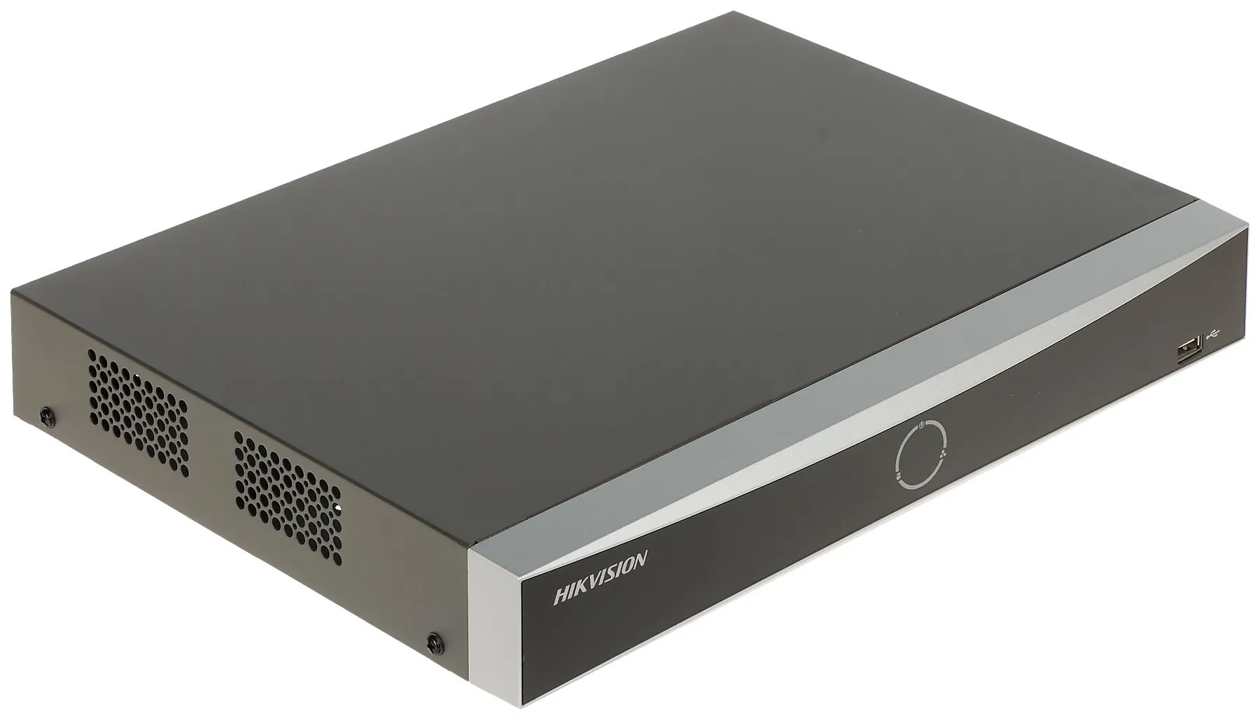 Front view of Hikvision DS-7608NXI-K1/8P 8-channel PoE NVR Hikvision AcuSense 4K NVR for IP surveillance systems Back panel ports on Hikvision DS-7608NXI-K1/8P NVR Compact 1U NVR with 8 PoE ports and HDMI/VGA output Smart facial recognition and perimeter protection NVR Hikvision 8-channel 4K NVR with AI motion detection