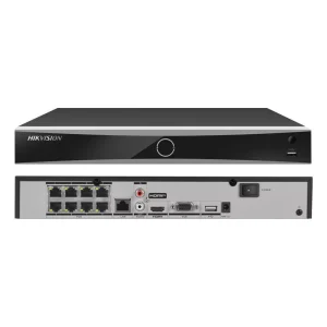 Front view of Hikvision DS-7608NXI-K1/8P 8-channel PoE NVR Hikvision AcuSense 4K NVR for IP surveillance systems Back panel ports on Hikvision DS-7608NXI-K1/8P NVR Compact 1U NVR with 8 PoE ports and HDMI/VGA output Smart facial recognition and perimeter protection NVR Hikvision 8-channel 4K NVR with AI motion detection
