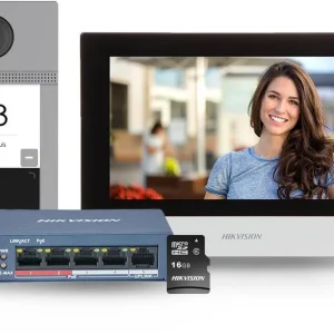 Hikvision IP Video Door and Indoor Station Kit Hikvision 7-Inch Touchscreen Indoor Station Full HD Hikvision Door Station with IR Night Vision Hikvision Video Intercom System with PoE Smart Door Entry System from Hikvision Surface-Mount Door Station and Indoor Unit by Hikvision