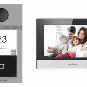 Hikvision IP Video Door and Indoor Station Kit Hikvision 7-Inch Touchscreen Indoor Station Full HD Hikvision Door Station with IR Night Vision Hikvision Video Intercom System with PoE Smart Door Entry System from Hikvision Surface-Mount Door Station and Indoor Unit by Hikvision