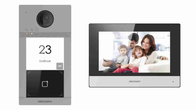 Hikvision IP Video Door and Indoor Station Kit Hikvision 7-Inch Touchscreen Indoor Station Full HD Hikvision Door Station with IR Night Vision Hikvision Video Intercom System with PoE Smart Door Entry System from Hikvision Surface-Mount Door Station and Indoor Unit by Hikvision