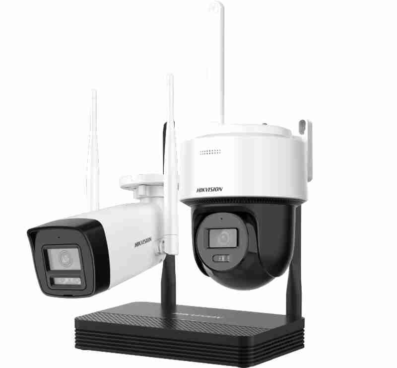 Hikvision NKS424W03H 4MP WiFi CCTV Kit front view PT Dome and Bullet camera combo in Hikvision NKS424W03H Hikvision wireless CCTV kit for home and business Night vision demo of NKS424W03H security cameras H.265 4MP Hikvision NVS Kit installation Hikvision NKS424W03H smart surveillance kit package