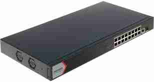 Front view of Hikvision DS‑3E1518P‑EI/M showing 16 PoE ports Rear panel highlighting SFP slot and uplink port Rugged metal chassis design of Hikvision switch LED status indicators for PoE and link activity Diagram of switch powering IP cameras with 300 m reach Rack-mounted setup of Hikvision DS‑3E1518P‑EI/M