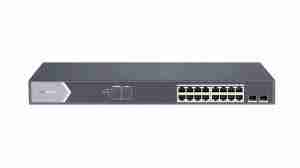 Front view of Hikvision DS‑3E1518P‑EI/M showing 16 PoE ports Rear panel highlighting SFP slot and uplink port Rugged metal chassis design of Hikvision switch LED status indicators for PoE and link activity Diagram of switch powering IP cameras with 300 m reach Rack-mounted setup of Hikvision DS‑3E1518P‑EI/M