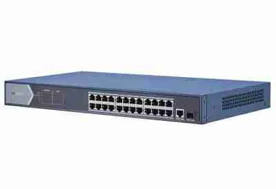 Front view of Hikvision DS‑3E1518P‑EI/M showing 16 PoE ports Rear panel highlighting SFP slot and uplink port Rugged metal chassis design of Hikvision switch LED status indicators for PoE and link activity Diagram of switch powering IP cameras with 300 m reach Rack-mounted setup of Hikvision DS‑3E1518P‑EI/M