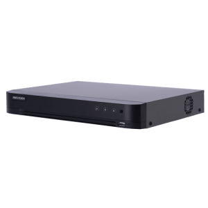 Front panel of Hikvision iDS-7208HQHI-M1/XT AcuSense DVR Back view showing BNC and HDMI ports on iDS-7208HQHI-M1/XT DVR Hikvision 8-channel DVR with deep learning-based analytics Face recognition configuration screen on Hikvision DVR Motion detection alert display from AcuSense DVR Hybrid DVR setup with HD analog and IP cameras