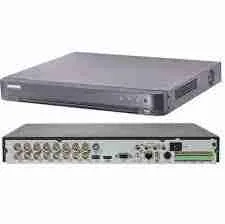 Hikvision iDS-7216HQHI-M1/XT DVR front panel view Rear ports of Hikvision AcuSense DVR for 16 channels Smart DVR with facial recognition features by Hikvision 1U DVR for analog and IP surveillance systems Hikvision 16-channel DVR with HDMI and VGA outputs AI-powered security DVR for perimeter protection and motion analytics