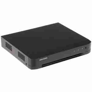 Hikvision iDS-7216HQHI-M1/XT DVR front panel view Rear ports of Hikvision AcuSense DVR for 16 channels Smart DVR with facial recognition features by Hikvision 1U DVR for analog and IP surveillance systems Hikvision 16-channel DVR with HDMI and VGA outputs AI-powered security DVR for perimeter protection and motion analytics