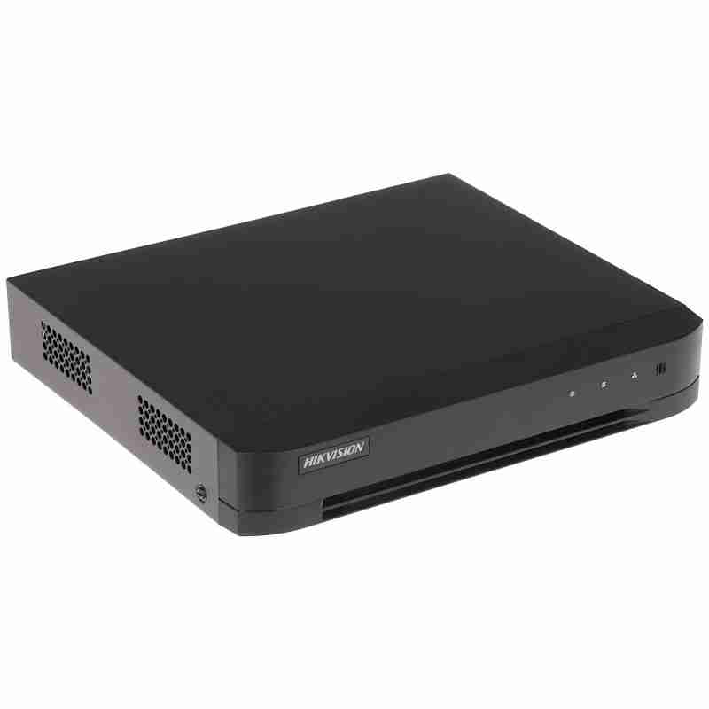 Hikvision iDS-7216HQHI-M1/XT DVR front panel view Rear ports of Hikvision AcuSense DVR for 16 channels Smart DVR with facial recognition features by Hikvision 1U DVR for analog and IP surveillance systems Hikvision 16-channel DVR with HDMI and VGA outputs AI-powered security DVR for perimeter protection and motion analytics