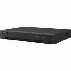 Hikvision iDS-7216HQHI-M1/XT DVR front panel view Rear ports of Hikvision AcuSense DVR for 16 channels Smart DVR with facial recognition features by Hikvision 1U DVR for analog and IP surveillance systems Hikvision 16-channel DVR with HDMI and VGA outputs AI-powered security DVR for perimeter protection and motion analytics