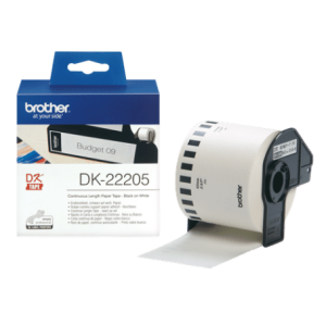 Brother DK-22205 Continuous Label Roll Front View Brother DK-22205 62mm x 30mm Thermal Label Roll Brother DK-22205 Black on White Label Tape Close-up Brother DK-22205 Label Roll for Envelopes and Folders Brother Genuine DK-22205 Label Roll Packaging Brother DK-22205 Custom Length Label Creation