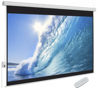 Auto Electric Projector Screen 243x243 cm Fully Extended View Motorized Projector Screen 96x96 Inches Front View Electric Projector Screen with Wall or Ceiling Mounting Options Auto Electric Projector Screen for Home Cinema Setup Silent Motorized Projector Screen Operation Close-up Auto Electric Projector Screen High-Gain Surface Material