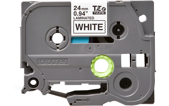 Brother TZe 24mm x 8m Black on White Laminated Tape Front View Brother TZe 24mm Label Tape for P-Touch Printers Brother Black on White Industrial Strength Laminated Tape Brother TZe 24mm Durable Laminated Label Tape Packaging Brother TZe Water and Chemical Resistant Label Tape Brother TZe Laminated Tape Roll for Industrial and Home Labeling