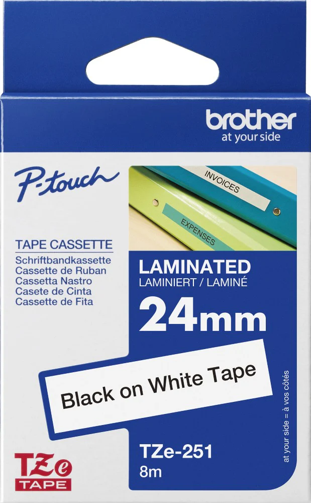 Brother TZe 24mm x 8m Black on White Laminated Tape Front View Brother TZe 24mm Label Tape for P-Touch Printers Brother Black on White Industrial Strength Laminated Tape Brother TZe 24mm Durable Laminated Label Tape Packaging Brother TZe Water and Chemical Resistant Label Tape Brother TZe Laminated Tape Roll for Industrial and Home Labeling