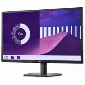 Front view of Dell E2725H 27" Full HD Monitor in black. Side profile showcasing the slim design of the Dell E2725H monitor. Rear view highlighting the connectivity ports of the Dell E2725H monitor. Close-up of the Dell E2725H monitor's stand with cable management. Dell E2725H monitor displaying vibrant visuals on its VA panel. Dell E2725H monitor set up in a home office environment.