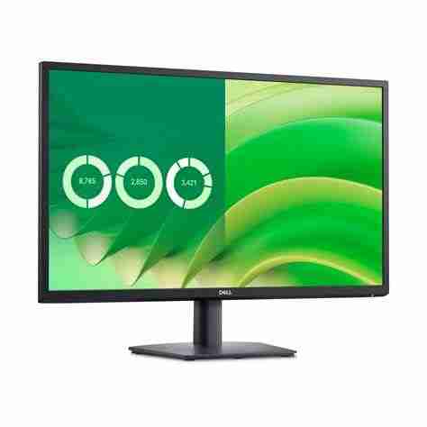 Front view of Dell E2725H 27" Full HD Monitor in black. Side profile showcasing the slim design of the Dell E2725H monitor. Rear view highlighting the connectivity ports of the Dell E2725H monitor. Close-up of the Dell E2725H monitor's stand with cable management. Dell E2725H monitor displaying vibrant visuals on its VA panel. Dell E2725H monitor set up in a home office environment.