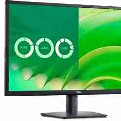 Front view of Dell E2725H 27" Full HD Monitor in black. Side profile showcasing the slim design of the Dell E2725H monitor. Rear view highlighting the connectivity ports of the Dell E2725H monitor. Close-up of the Dell E2725H monitor's stand with cable management. Dell E2725H monitor displaying vibrant visuals on its VA panel. Dell E2725H monitor set up in a home office environment.