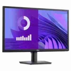 Front view of Dell E2725H 27" Full HD Monitor in black. Side profile showcasing the slim design of the Dell E2725H monitor. Rear view highlighting the connectivity ports of the Dell E2725H monitor. Close-up of the Dell E2725H monitor's stand with cable management. Dell E2725H monitor displaying vibrant visuals on its VA panel. Dell E2725H monitor set up in a home office environment.