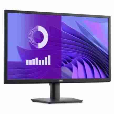 Front view of Dell E2725H 27" Full HD Monitor in black. Side profile showcasing the slim design of the Dell E2725H monitor. Rear view highlighting the connectivity ports of the Dell E2725H monitor. Close-up of the Dell E2725H monitor's stand with cable management. Dell E2725H monitor displaying vibrant visuals on its VA panel. Dell E2725H monitor set up in a home office environment.