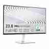 Front view of Dell S2425H 23.8" FHD Monitor in Ash White. Side profile showcasing the slim design of the Dell S2425H monitor. Rear view highlighting the textured back of the Dell S2425H monitor. Close-up of the integrated 5W speakers on the Dell S2425H monitor. Dell S2425H monitor displaying vibrant visuals on its IPS panel. Dell S2425H monitor connected to a laptop via HDMI.