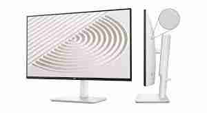 Front view of Dell S2425H 23.8" FHD Monitor in Ash White. Side profile showcasing the slim design of the Dell S2425H monitor. Rear view highlighting the textured back of the Dell S2425H monitor. Close-up of the integrated 5W speakers on the Dell S2425H monitor. Dell S2425H monitor displaying vibrant visuals on its IPS panel. Dell S2425H monitor connected to a laptop via HDMI.