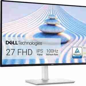 Front view of Dell S2725H 27" Full HD Monitor in black. Side profile showcasing the slim design of the Dell S2725H monitor. Rear view highlighting the textured back of the Dell S2725H monitor. Close-up of the integrated 5W speakers on the Dell S2725H monitor. Dell S2725H monitor displaying vibrant visuals on its IPS panel. Dell S2725H monitor connected to a laptop via HDMI.