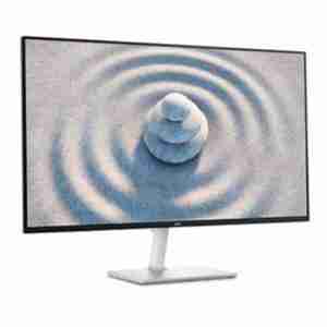 Front view of Dell S2725H 27" Full HD Monitor in black. Side profile showcasing the slim design of the Dell S2725H monitor. Rear view highlighting the textured back of the Dell S2725H monitor. Close-up of the integrated 5W speakers on the Dell S2725H monitor. Dell S2725H monitor displaying vibrant visuals on its IPS panel. Dell S2725H monitor connected to a laptop via HDMI.