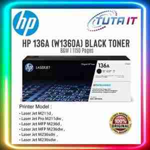 HP 136A Black Original Toner Cartridge front packaging view Side view of HP W1360A toner showing label and model number HP 136A cartridge installed in a LaserJet printer Top angle view highlighting cartridge dimensions Unboxed HP 136A toner placed next to compatible printer Close-up of toner chip and print head alignment