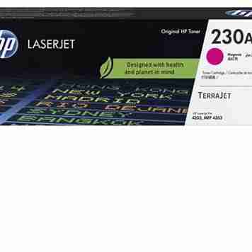 HP 230A Magenta Original LaserJet Toner Cartridge Front View HP 230A Toner Cartridge Packaging HP W2303A Toner Cartridge Side Angle HP 230A Installed in Color LaserJet Pro Printer Close-up of HP 230A Toner Cartridge Label HP 230A Toner Cartridge with Recycling Guide