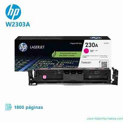 HP 230A Magenta Original LaserJet Toner Cartridge Front View HP 230A Toner Cartridge Packaging HP W2303A Toner Cartridge Side Angle HP 230A Installed in Color LaserJet Pro Printer Close-up of HP 230A Toner Cartridge Label HP 230A Toner Cartridge with Recycling Guide