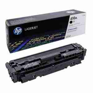 HP 410A Black Original LaserJet Toner Cartridge Front View HP 410A Toner Cartridge Packaging HP CF410A Toner Cartridge Side Angle HP 410A Installed in Color LaserJet Pro Printer Close-up of HP 410A Toner Cartridge Label HP 410A Toner Cartridge with Recycling Guide