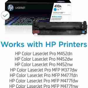 HP 410A Black Original LaserJet Toner Cartridge Front View HP 410A Toner Cartridge Packaging HP CF410A Toner Cartridge Side Angle HP 410A Installed in Color LaserJet Pro Printer Close-up of HP 410A Toner Cartridge Label HP 410A Toner Cartridge with Recycling Guide