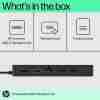 HP 7-in-1 Universal USB-C Multiport Hub – Black, front view Side profile of HP 50H98AA showing port arrangement HP USB-C Multiport Hub connected to a laptop Close-up of HP 50H98AA's USB-C pass-through port HP 7-in-1 Hub packaging and contents HP Multiport Hub in use with dual monitors and peripherals