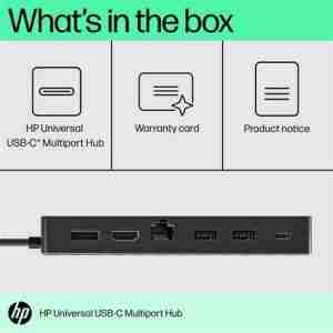 HP 7-in-1 Universal USB-C Multiport Hub – Black, front view Side profile of HP 50H98AA showing port arrangement HP USB-C Multiport Hub connected to a laptop Close-up of HP 50H98AA's USB-C pass-through port HP 7-in-1 Hub packaging and contents HP Multiport Hub in use with dual monitors and peripherals