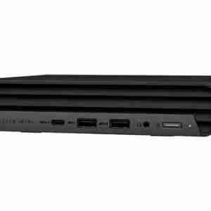 Front view of HP Elite Mini 800 G9 Desktop PC showcasing compact design Rear panel displaying various connectivity ports Included HP 125 Wired Mouse and HP 320K Wired Keyboard Side profile highlighting sleek black finish Top view emphasizing compact footprint Close-up of USB-C and USB-A ports on the front panel