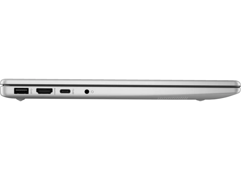 Front view of HP Laptop 15-fd0355nia open with screen on Side angle showing the HP laptop’s ports and slim profile HP 15.6" laptop keyboard and trackpad close-up Rear view of HP laptop in natural silver color HP True Vision camera with privacy shutter detail HP laptop displaying productivity software on screen